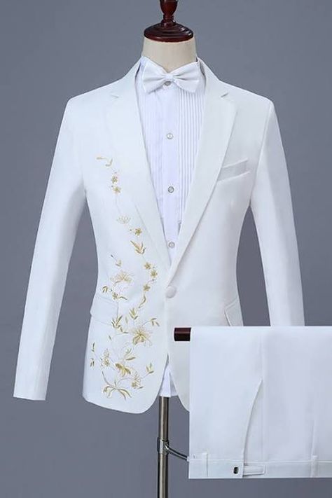 Wedding Suits Men White And Gold, White Suits For Men Classy, White And Gold Tuxedo Groom Suits, White Suit With Gold Accents, White And Gold Prom Suit, Men’s White Suit, White Prom Tux, White Suit Male, White Suits Men