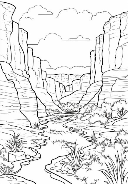 Photo a black and white drawing of a riv... | Premium Photo #Freepik #photo #drawing #black-white #white #black Canyon Drawing, Photo Drawing, White Drawing, Drawing Black, Black And White Drawing, White White, Premium Photo, A Black, White Black