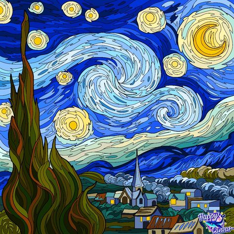 Staring Night Van Gogh, Starry Night Sketch, Starry Night Easy, Starry Night Digital Art, Starry Night Drawing, فنسنت فان جوخ, Starry Night Art, Starry Night Painting, Waterfall Art