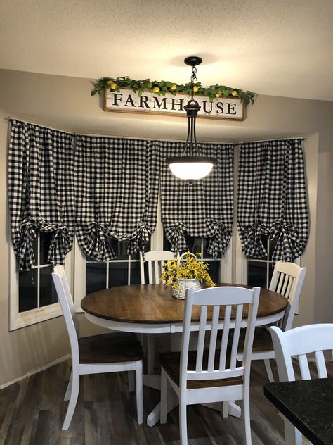 Buffalo Plaid Curtains from Target Plaid Curtains Kitchen, Buffalo Plaid Kitchen Curtains, Farmhouse Kitchen Buffalo Plaid, Black And White Plaid Kitchen Decor, Black And White Buffalo Plaid Kitchen, Buffalo Plaid Dining Room Decor, Buffalo Plaid Kitchen Ideas, Farmhouse Window Treatments Kitchen, Buffalo Plaid Dining Room