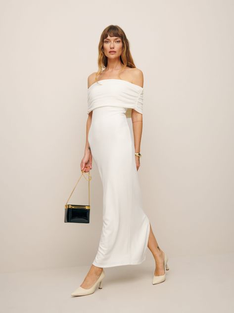 May cause compliments. The Josefina is a midi dress with an off the shoulder neckline. Wedding Week, Column Skirt, Reformation Dress, Silky Dress, Grad Dresses, Reformation Dresses, Favorite Dress, Cream White, Knit Dress