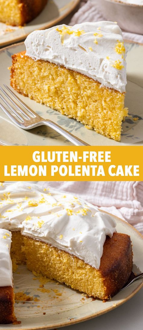 Gluten Free Lemon Polenta Cake - This lemon polenta cake is deliciously moist and intensely lemony thanks to an abundance of both lemon zest and lemon juice in the batter, as well as being soaked with a lemon syrup. It has a delicate, soft crumb and you can serve it as is, or topped with lightly sweetened vanilla whipped cream. It’s also super easy to make and even non-gluten-free folks will absolutely love it. Lemon cake. Gluten free cake. Easy cake recipes. Summer dessert ideas. Greek Yogurt And Almond Flour, Dessert With Greek Yogurt, Orange Polenta Cake, Lemon Polenta, Lemon Polenta Cake, Italian Polenta, Greek Yogurt Dessert, Polenta Cake, Citrus Desserts