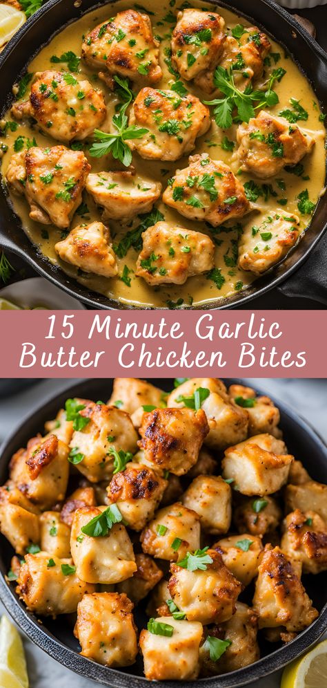 15 Minute Garlic Butter Chicken Bites Recipe | Cheff Recipes Simple Quick Chicken Recipes, Garlic Butter Chicken Bites Recipe, Cubes Chicken Recipes, Quick Chicken Lunch Recipes, Last Minute Chicken Dinner, Butter Garlic Chicken Bites, Chicken Garlic Bites, Chick Breast Recipes Easy, Chicken Cube Recipes