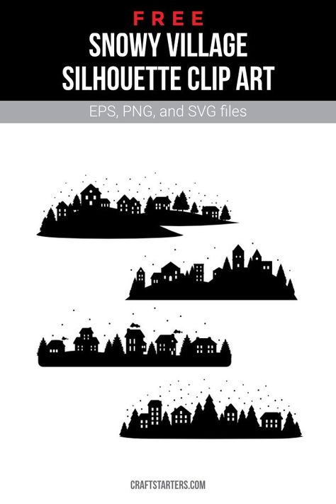 Winter Scene Silhouette Svg, Christmas Village Silhouette Templates, Winter Village Silhouette, Christmas Town Silhouette, Winter Silhouette Scene, Christmas Window Silhouettes, Christmas Village Silhouette, Town Silhouette, Village Silhouette