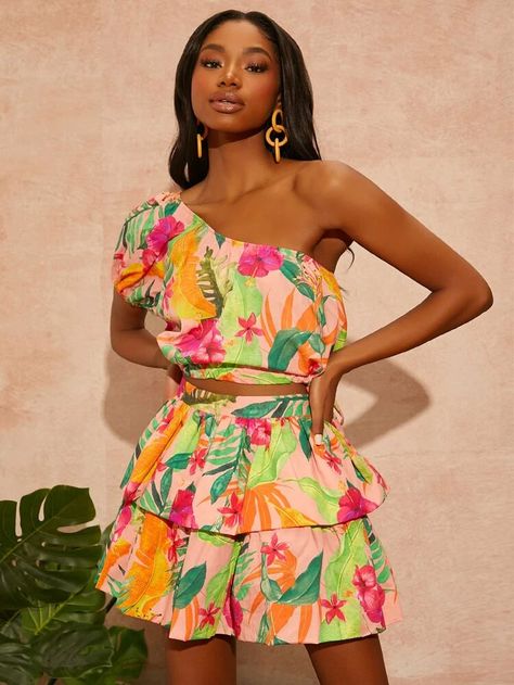 SHEIN High Waist Tropical Print Layered Hem Skirt | SHEIN USA Tropical Party Outfit Women, Tropical Party Outfit, Tropical Top, Tropical Boho, Shoulder Knots, Party Outfits For Women, Blouse Casual Fashion, Tropical Party, Hem Skirt