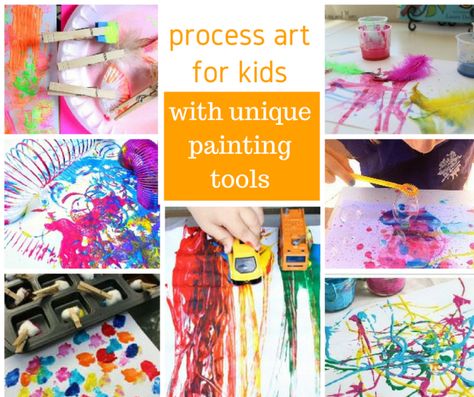 These process art activities use a variety of unique painting tools to create some wonderful works of art.  They teach kids how they can use common materials and objects in different ways and experiment with different patterns, textures and colour combinations.  All you need to do is give your kids the paint, paper and tools and let them explore and create to their heart’s content. Tempura Paint Sticks Art, Process Art Activities, Tempura Paint, Process Art For Kids, Art Program, Winter Art Projects, Rainbow Paint, Painting Activities, Paint Paper