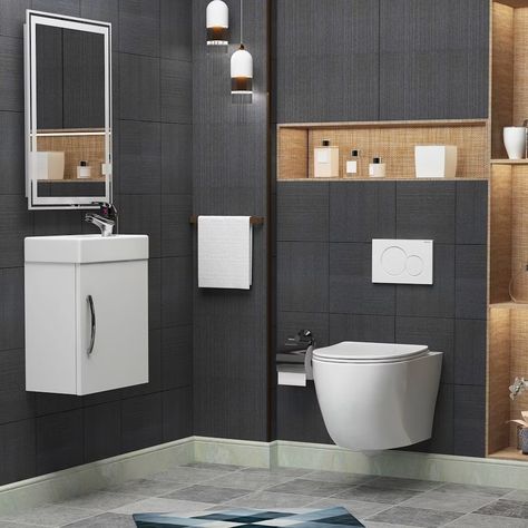 Wall Hung Toilet With Storage, Small Cloakroom Toilet, Cloakroom Basin Vanity Units, Toilet Tiles Design, Bathroom Modern Luxury, Floating Toilet, Bathroom Wallpaper Modern, Latest Door Designs, Hanging Toilet