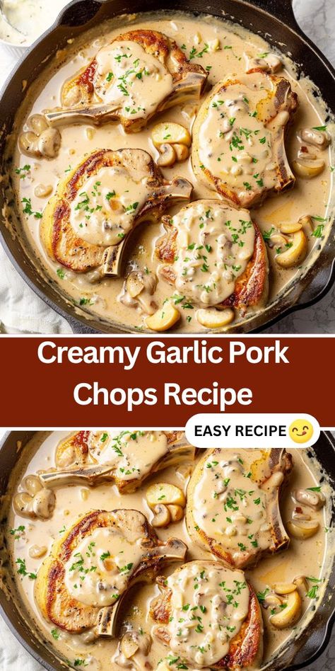 Discover the ultimate Creamy Garlic Pork Chops recipe for a delicious and easy weeknight dinner! These tender pork chops are cooked to perfection in a rich, flavorful garlic cream sauce. Perfect for busy nights, this Creamy Garlic Pork Chop Recipes, Creamy Ranch Pork Chops Instant Pot, Pan Sauce For Pork Chops, Pork Chops And Gnocchi, Garlic Pork Chop Recipes, Cream Sauce For Pork, Pork Chop Pasta Recipes, Creamy Pork Chop Recipes, Meals With Pork Chops