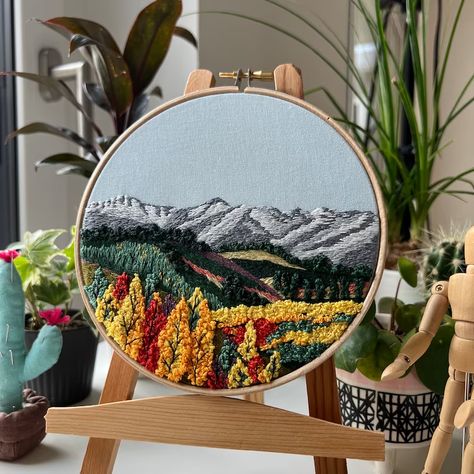 embroidery ideas Embroidery Patterns Landscape, Embroidery Patterns Mountains, Scenic Embroidery, Embroidered Mountains, Mountains Embroidery, Earth Embroidery, Embroidery Forest, Forest Embroidery, Mountain Embroidery