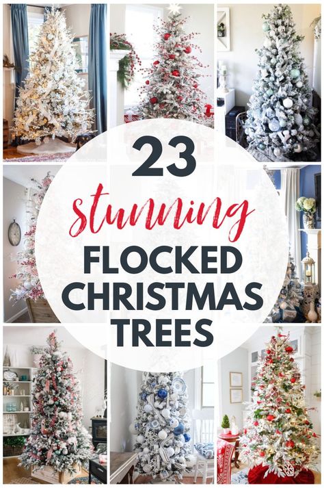 Flocked Pine Christmas Tree, Christmas Tree Frosted Decorating Ideas, Christmas Tree Inspiration Flocked, Frosty Christmas Tree Decorating Ideas, Flock Trees Decorated, Flocked Prelit Christmas Tree, Christmas Flocked Tree Decorations, Red And Green Flocked Tree, Gold And Red Flocked Christmas Tree