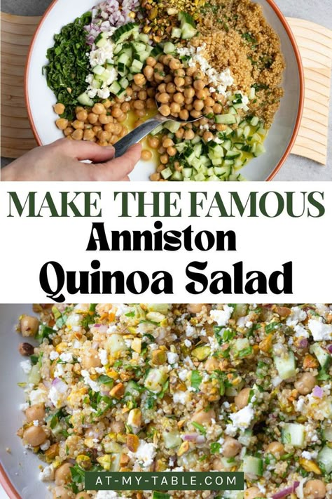 A colorful bowl of Jennifer Aniston’s quinoa salad, filled with fresh cucumbers, chickpeas, and herbs. Quinoa Salad Simple, Jennifer Aniston Quinoa Salad Recipe, No Cook Salad Recipes, Jennifer Aniston Salad With Quinoa, Jennifer Aniston Quinoa Salad, Jennifer Salad, Quinoa Salad Recipes Cold, Jennifer Aniston Salad Recipe, Jennifer Aniston Salad