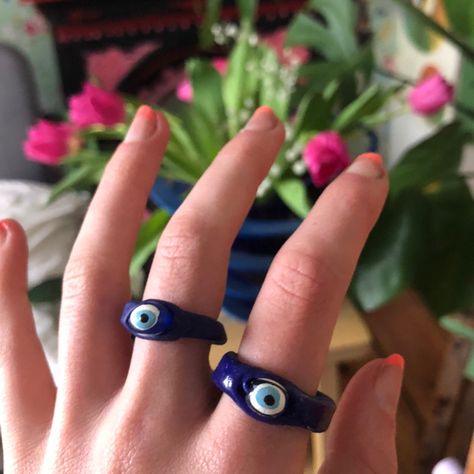 Rings Colourful, Chunky Clay Rings, Indie 2020, Fimo Ring, Evil Eye Rings, Diy Clay Rings, Eye Rings, Funky Rings, Polymer Clay Ring