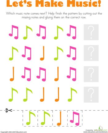 Worksheets: Patterns: Music Notes | Just like many real musical compositions, the music notes on this worksheet appear in patterns. Kids study each pattern to determine which note should come next, then cut and glue notes to complete the patterns. This worksheet offers practice identifying and extending simple patterns. Music Note Pattern, Music Art Preschool, Music Math Activities Preschool, Music Preschool Theme, Music Kindergarten, Preschool Patterns, Music Math, Music Study, Math Patterns