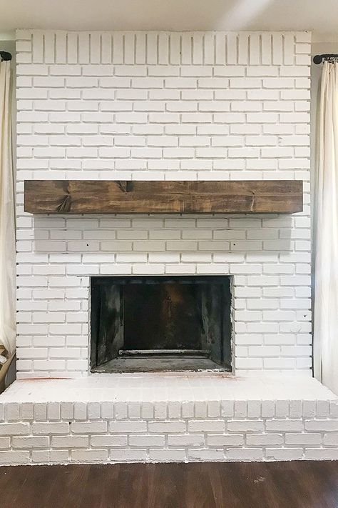 White Fireplace Beige Walls, Off White Fireplace Brick, Diy White Brick Fireplace, Mantle On White Brick Fireplace, Diy Paint Brick Fireplace, Diy Farmhouse Fireplace Mantle, Living Room White Brick Fireplace, Renovated Brick Fireplace, Painting A Brick Fireplace White