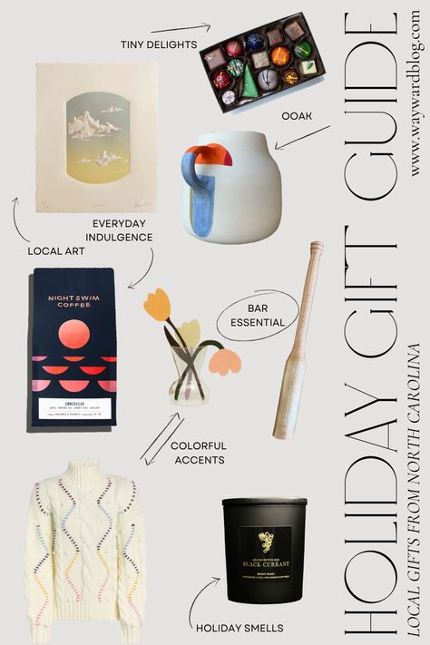 Looking for a great gift for a hard-to-shop-for friend or relative? Check out this gift guide, which features curated gifts from NC! Holiday Smells, North Carolina Gifts, Bar Essentials, Night Swimming, Local Gifts, Night Art, Local Art, Style Blogger, Curated Gifts