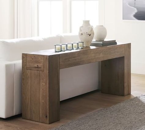 Raymond Reclaimed Wood Console Table (72") | Pottery Barn Behind Sofa Console, Table Behind Sofa, Console Table Behind Sofa, Reclaimed Wood Console Table, Console Table Design, Computer Desks, Writing Desks, Dovetail Joinery, Reclaimed Oak