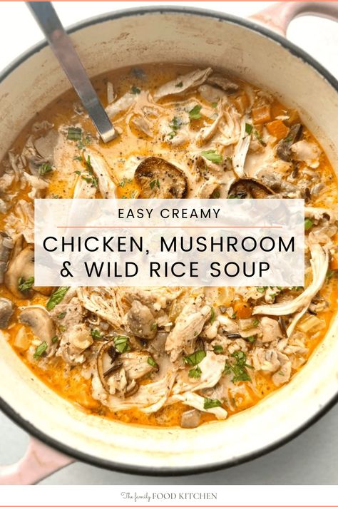 This chicken, mushroom & wild rice soup recipe is packed full of flavor. Comforting and ultra easy, this can be made with leftover chicken or rotisserie chicken too. Instructions given for stove top, slow cooker and pressure cooker. #FamilyFoodKitchen Soups Pressure Cooker, Rotisserie Mushroom Soup, Easy Stove Top Soup Recipes, Rotisserie Chicken Mushroom Soup, Boyfriend Meals, Rotisserie Chicken Soup Recipes, Chicken Mushroom Wild Rice Soup, Chicken Mushroom Wild Rice, Wild Rice Soup Crockpot