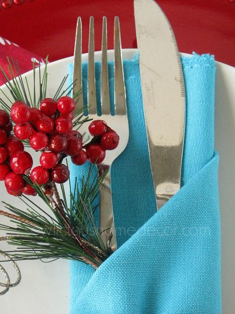 Utensil Holder Napkin Utensils In Napkins, How To Roll, Napkin Folding, Utensil Holder, Cloth Napkins, Christmas Decor, Napkins, Christmas Decorations, Holidays