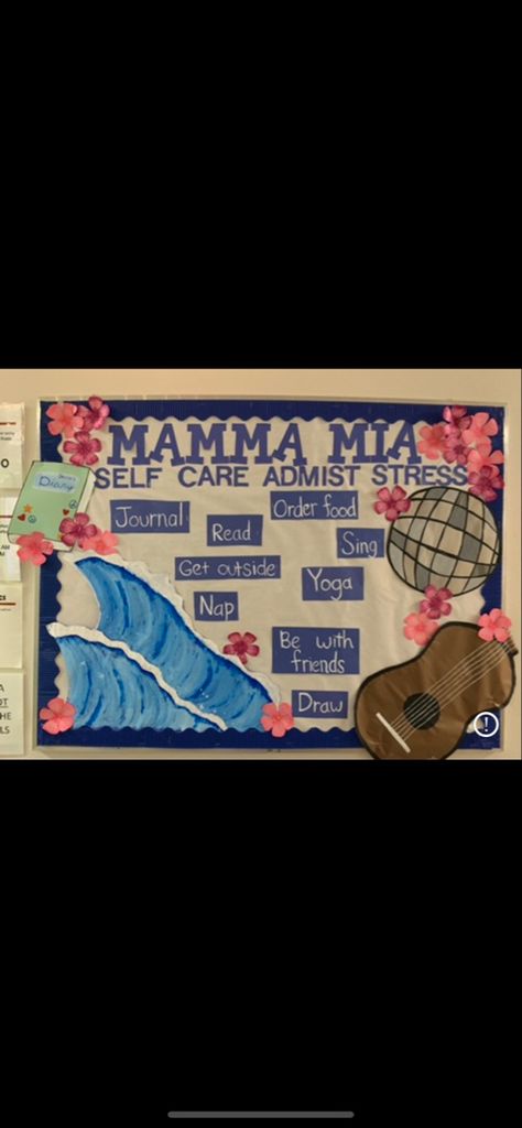 Bulletin board for college students: self care made by RA Mama Mia Bulletin Board, Mamma Mia Bulletin Board, College Bulletin Board, Ra College, Ra Decorations, College Bulletin Boards, Ra Themes, Ra Bulletins, Ra Boards