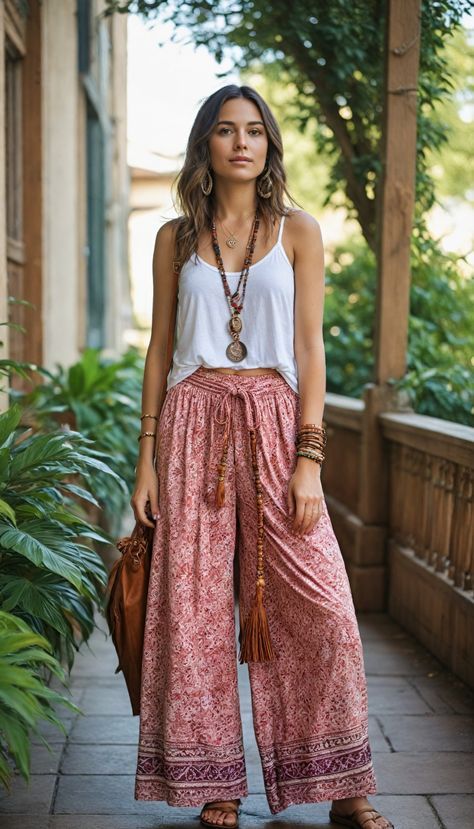 Summer Boho Outfits Casual, Boho Relaxed Outfit, Summer Boho Chic Outfits, Wide Leg Summer Pants Outfit, Boho Style 2024, Summer Fashion 2024 Trends Casual, Thailand Outfits For Women, Boho Summer Outfits Bohemian, Boho Chic Summer Outfits