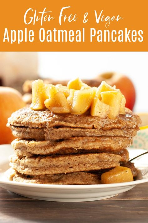 Homey and fragrant these spiced apple oatmeal pancakes are just what fall called for! Full of cinnamon, nutmeg, applesauce, maple syrup and ground oats these will make your home smell like a candle, and taste even better. If you really want to get an A+ from your family, top with sautéed cinnamon apples. Breakfast, brunch or even dinner, these pancakes will be a hit. They’re gluten free, dairy free, egg free, nut free and vegan. Breakfast recipe by: AllergyAwesomeness.com Apple Oatmeal Pancakes, Apples Breakfast, Allergy Awesomeness, Baked Apple Pancake, Applesauce Pancakes, Apple Cinnamon Oatmeal, Baked Pancakes, Vegan Oatmeal, Apple Oatmeal