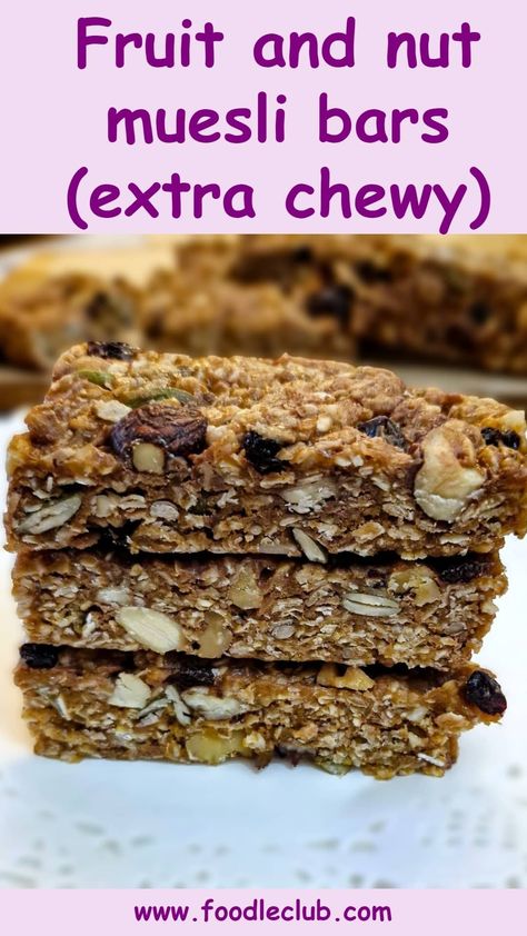 Three fruit and nut muesli bars piled one on top of the other. Chewy Muesli Bar Recipe, Mixed Seeds Recipe, Muslie Bars, Honey Nut Bars, Healthy Family Snacks, Homemade Muesli Bars, Muesli Bar Recipe, Soft Toffee, Peanut Butter And Honey