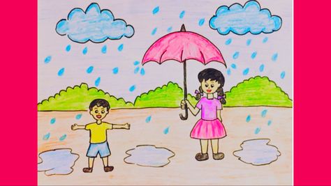 Draw Rainy Day, Rainy Day Drawing For Kids, Rainy Drawing, Rainy Season Drawing, Summer Season Drawing, Rainy Day Drawing, Draw Scenery, Easy Scenery, Nursery Drawings