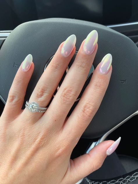 White Nails Glazed Donut, Glazed Donut Nails 2023, Dip And Powder Nails, Dip Hailey Bieber Nails, White Nails Glazed, Pearly Dip Nails, White Oval Nails With Glitter, White Acyrilics Nails Almond, Pearly White Dip Nails