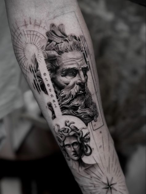 #tattoo #tattooideas #paris #paristattooshop #paristattoo #microrealism #tatouage Micro Realism Sleeve Tattoo, Zeus Bicep Tattoo, Geometric Greek Tattoo Design, Greek God Leg Tattoo, School Of Athens Tattoo, Roman Theme Tattoo, Prometheus Tattoo Design, Roman Tattoo Ideas Mythology, Greek Realism Tattoo