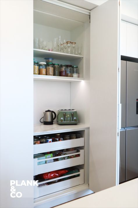 Hidden Pantry with Drawers with Bi-Fold Doors Bifold Doors Kitchen Pantry, Hidden Door To Pantry, Folding Pantry Doors, Hidden Pantry Door In Kitchen, Bifold Pantry Doors, Bifold Pantry, Pantry With Drawers, Hidden Pantry Door, Bi Folding Doors Kitchen