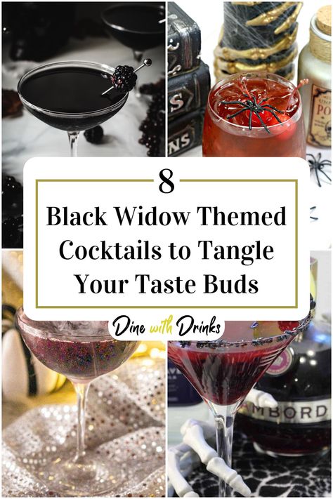 Collage of 4 black widow themed cocktails. Themed Cocktail Recipes, Themed Cocktails, The Black Widow, Themed Drinks, Halloween Drinks, Delicious Cocktails, Drink Up, Best Black, Cocktail Recipe