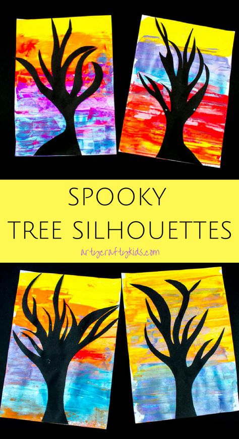 Arty Crafty Kids | Art | Spooky Tree Silhouette Spooky Tree Silhouette Kids Art Project | A super fun and easy art project for kids using the scrape painting technique! Aesthetic Craft Ideas, Friendship Friday, Craft Ideas For Beginners, Worst Witch, Aesthetic Craft, Scrape Painting, Spooky Tree, Kids Silhouette, Spooky Trees