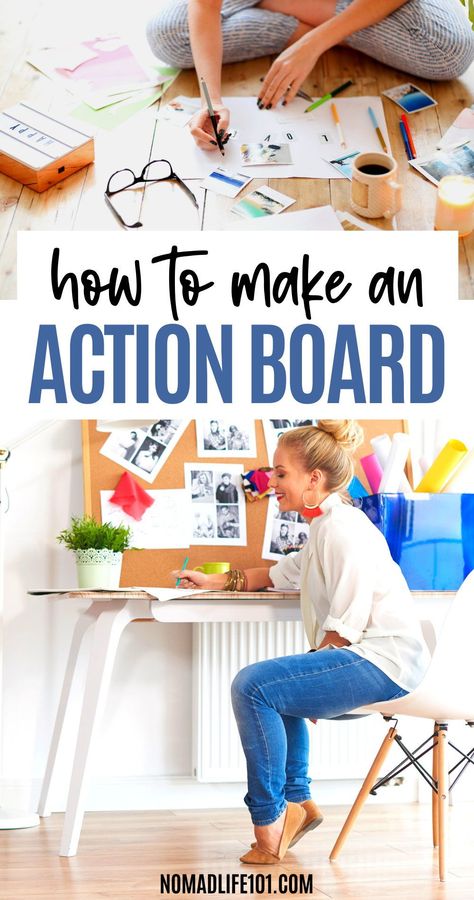 Wondering how to make an action board to reach your goals faster? Learn everything you need to know about action boards to get started. Our guide also features the main differences between a vision board and an action board. Ready to get started? Click the pin to learn more! How To Create A Vision Board In Canva, Goal Boards Ideas, Quarterly Vision Board, Work Goal Board Ideas, Weekly Vision Board, How To Make A Digital Vision Board, Visual Board Ideas Goal Settings, Goals Poster Board Ideas, Dr Tara Swart Action Board