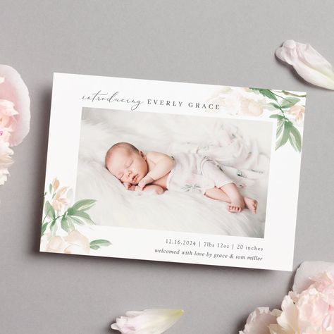 Blue Whisper, Birth Announcement Girl, Birth Announcement Card, Birth Stats, Baby Nest, Calligraphy Script, Photo Invitations, Vine Design, Floral Photo