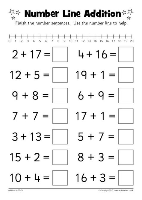 Number Line Addition Worksheets (SB12217) - SparkleBox Addition Up To 20 Worksheets, Adding To 20 Worksheets, Addition 1-20 Worksheets, Addition And Subtraction Worksheets 1-20, Maths For Kindergarten, Addition Up To 20, Addition Worksheets First Grade, Number Line Addition, Problem Solving Math