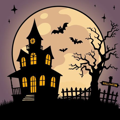 Halloween Scene Drawing Tutorial: Full Moon, Haunted House, and Bats Haunted House Drawing, Simple House Drawing, Spooky Tree, House Silhouette, Final Fantasy Ix, Scene Drawing, Spooky Trees, A Haunted House, Halloween Silhouettes