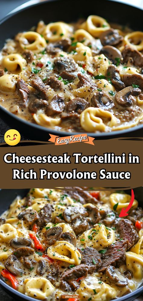 Cheesesteak Tortellini in Rich Provolone Sauce Steak And Mushroom Tortellini, Cheese Steak Tortellini Pasta, Philly Cheese Steak Tortilini, Dishes With Tortellini, Steak Ravioli Dinners, Recipes With Sliced Steak, Cost Friendly Meals, Philly Cheesecake Tortellini Pasta, Philly Cheese Pasta Recipes