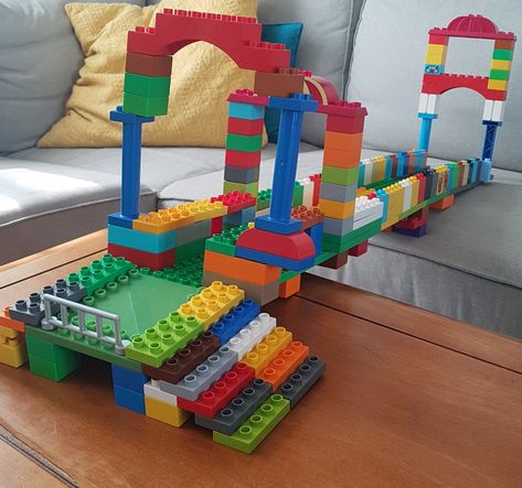 Lego Bridge Building Challenge, Lego Bridge Ideas, Duplo Lego Ideas, Bridge Challenge, Lego Bridge, Lego Duplo Train, Duplo Ideas, Lego Storage Organization, Kids Activities At Home