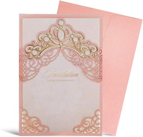 PRICES MAY VARY. Pink laser cut quinceanera invitation kit included: 50 pink laser cut invitation pockets, 50 personalized inner sheet, 50 pink envelopes, 50 seals. Size of quinceanera invitation kit: 5.4x7.3 inch pink laser cut invitations pocket; 6.8x9.18 inch inner sheet (2 folded) Princess crown gold foil quinceanera invite: laser cut floral with gold crown, front of the inner sheet is silver shimmering cards paper with vintage pattern & words (wedding Day, Celebrate with us), the rest is wh Pink Quinceanera Invitations, Sweet 15 Party Ideas Quinceanera, Geometric Invitations, Pink Quinceanera, Quinceanera Pink, Square Wedding Invitations, Quince Invitations, Royal Pink, 50th Birthday Party Invitations