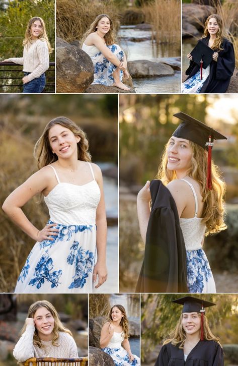 Graduation Pictures by the Water | Chandler Photographer | natural senior pictures, cap & gown, ideas for outdoor graduation pictures, pretty sundress, what to wear for senior pictures, graduation tassel, natural hairstyles for senior photos Senior Pictures Graduation, Natural Senior Pictures, Hairstyles For Seniors, Pictures Graduation, Outdoor Graduation, Graduation Tassel, Gown Ideas, Multiple Outfits, Cap And Gown