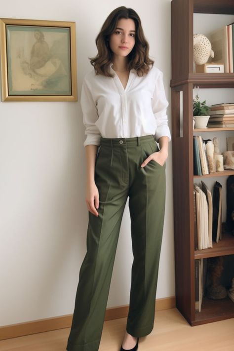 Classic White Shirt and Olive Green Pants Olive Green Pants Outfit, Green Pants Outfit, Olive Clothing, Elegance Dress, Mom Hair, Luxury Photography, Olive Green Pants, Chique Outfits, Business Casual Outfits For Work