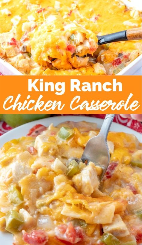 This King Ranch Chicken Casserole is a combo of chopped chicken, cheese, tortillas, and spicy tomatoes in a creamy sauce, and is a sure-fire hit. via @familyfresh Easy Delicious Casseroles, King Ranch Chicken Casserole, King Ranch Chicken, Ranch Chicken Casserole, Family Fresh Meals, King Ranch, Ranch Chicken, Easy Casserole Recipes, Chicken Recipes Casserole