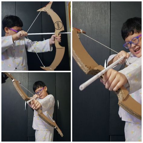 Cardboard Bow Diy Bow And Arrow Cardboard, Cardboard Props Diy, Diy Bow And Arrow, Dnd Halloween, Gorou Cosplay, Cardboard Sculptures, Cardboard Props, Httyd Oc, Greek Costume