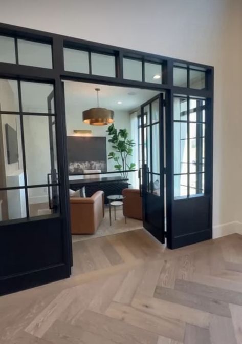 Interior Office Door Ideas, Foyer Office Ideas, Office Front Door Entrance, Home Office Door Ideas Entryway, Black Office Doors, Office Doors Ideas, Mudroom Office Combo Layout, French Doors For Office, Office Doors For Home