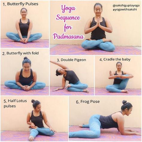 A mini sequence I use to warm up for lotus pose. IMO Padmasana is an advanced asana - it's not an hip opener, it's a posture you need to open your hips for. This sequence will also help you if full lotus is still not in your practice. Just gotta be gentle, patient and #practicedaily 1. Butterfly Pulses Flap those knees up and down as fast as you can. Maybe do a 100 pulses or do it for a couple minutes. 2. Butterfly Pose with Forward Fold Spine straight, no rounding, lead forward with your chest. Yoga Foto's, Gentle Exercise, Yin Yoga Sequence, Yin Yoga Poses, Ashtanga Vinyasa Yoga, Yoga Beginners, Yoga Philosophy, Yoga Sequence, Yoga Iyengar