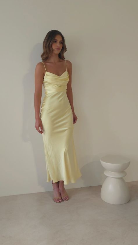 Everleigh Soft Satin Midi Dress | Butter Yellow Year Six Formal Dresses, Butter Yellow Satin Dress, Soft Satin Dress, Homecoming Dresses Midi, Classy Yellow Dress, Pastel Yellow Dress Short, Yellow Dress Satin, Light Yellow Satin Dress, Yellow Bridesmaid Dresses Satin