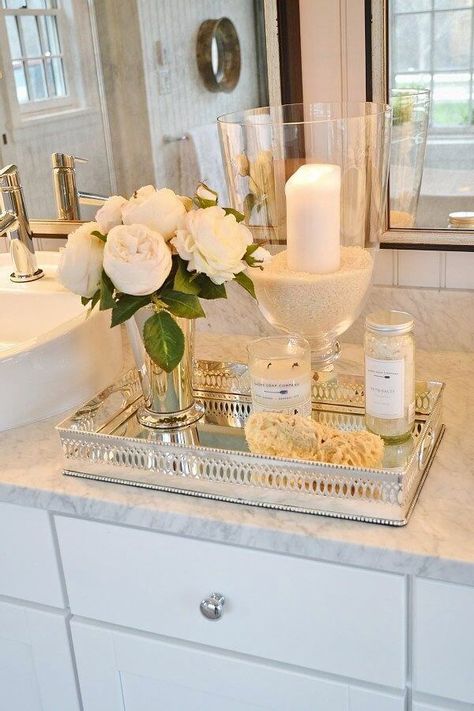 Style Your Home Like a Designer with Accessories | Interior Design Blog Vanity Tray Decor, Bathroom Decor Modern Luxury, Elegant Bathroom Ideas, Sink Counter, Interior Design Blogs, Bathroom Vanity Tray, Bathroom Counter Decor, Flowers And Candles, Hgtv Dream Home