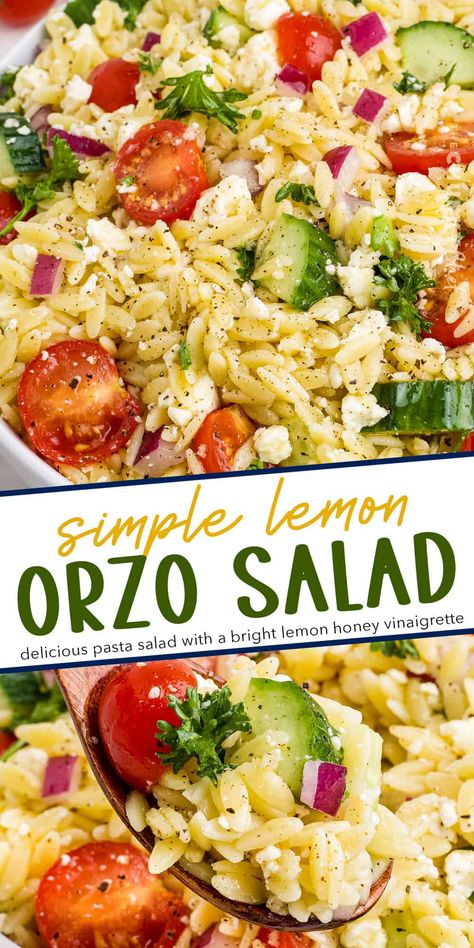 Orzo Salad Dressing, Orzo Salad Recipes Cold, Orzo Recipes Side, Orzo Salad With Feta, Lemon Pasta Salads, Orzo Pasta Salad Recipe, Lemon Orzo Salad, Orzo Salad Recipes, Lemon Orzo