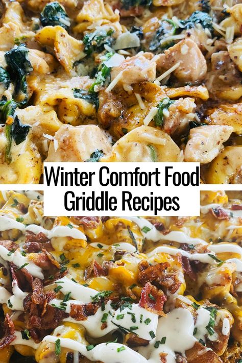 pasta and loaded potato dishes Winter Camping Recipes, Blackstone Grill Recipes Vegetarian, Dinner Griddle Recipes, Black Stone Cooking Ideas, Chicken Flat Top Grill Recipes, Pasta On The Blackstone, Blackstone Vegetarian Recipes, Griddle Dinner Recipes, Flat Top Chicken Recipes