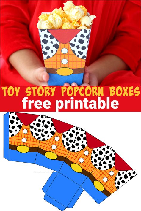 Picture of little child hands holding a printable Toy Story Popcorn Box made from cardstock, inspired by Woody. Toy Story Themed Movie Night, Toy Story Paper Craft, Toy Story Treats Ideas Diy, Free Toy Story Party Printables, Toy Story Birthday Printables Free, Free Toy Story Printables, Toy Story Favors Ideas, Toy Story Movie Night Food, Toy Story Free Printables